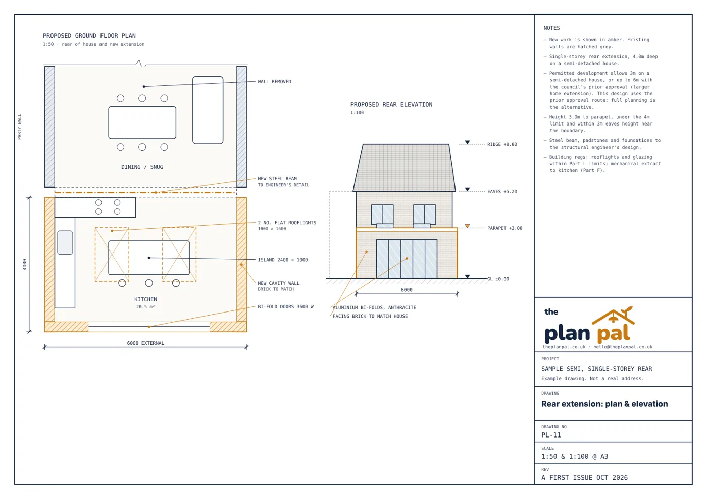 Sample rear extension plan and elevation drawing